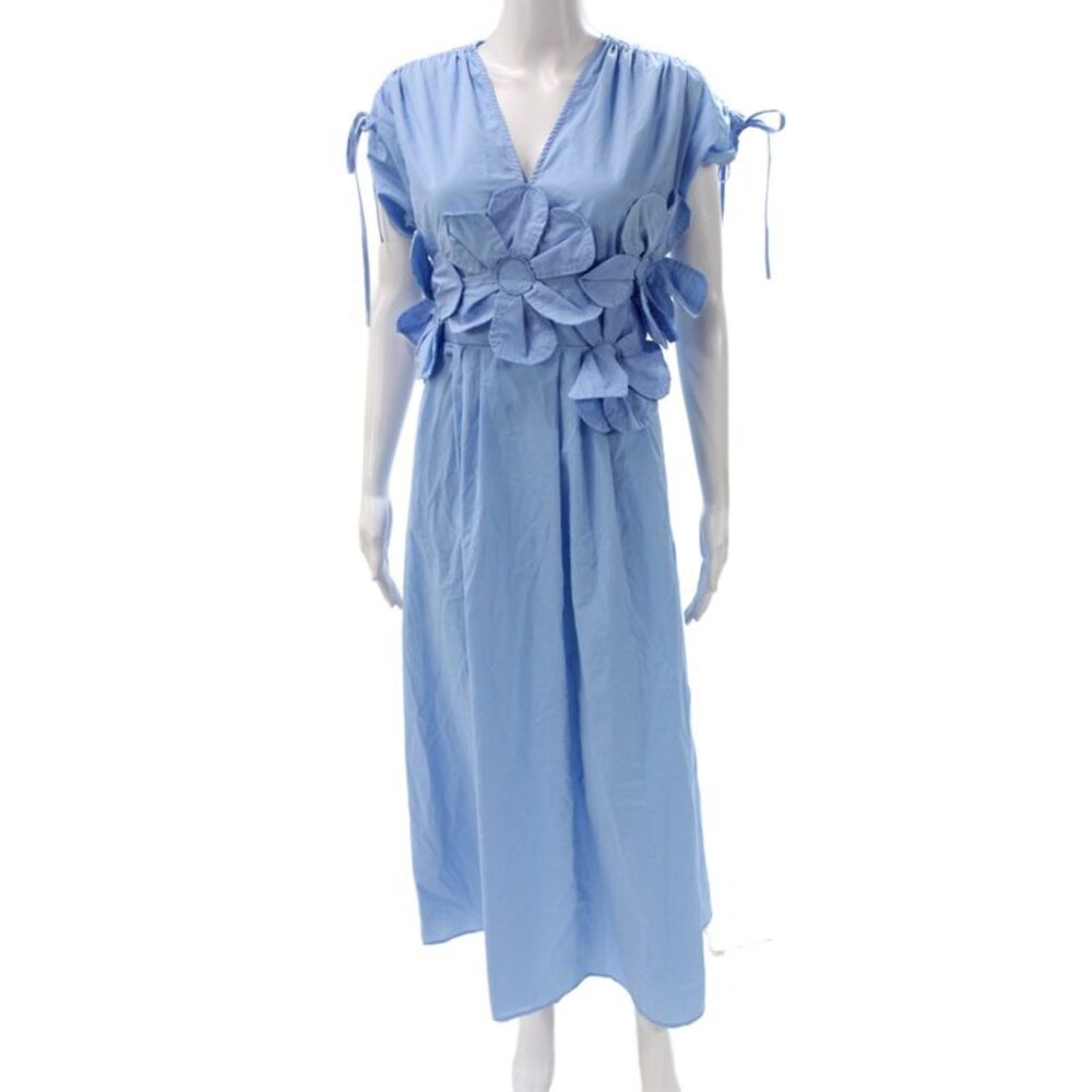 Sunfere Womens Maxi Dress Blue Cotton V-Neck Short Sleeve Floral Size S